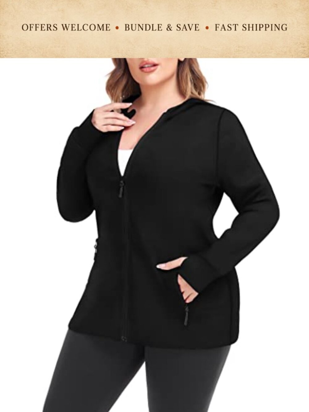 Plus Size Workout Zip Up Hoodie Lightweight Athletic Jacket with Thumb Holes